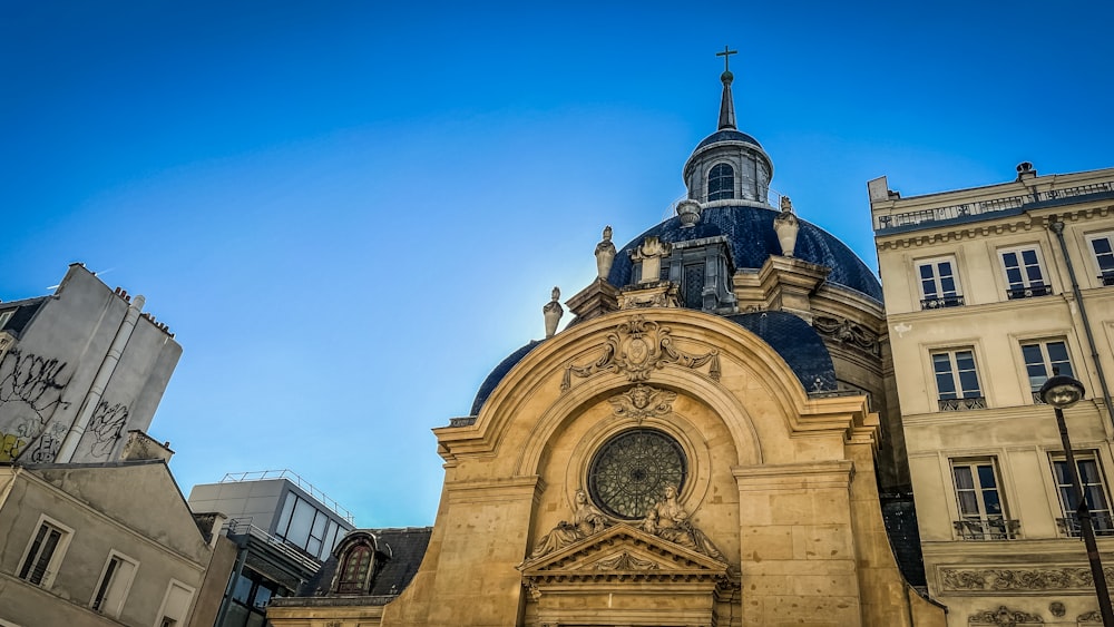 a church with a clock on the front of it