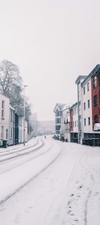 a snowy street with buildings and a street light