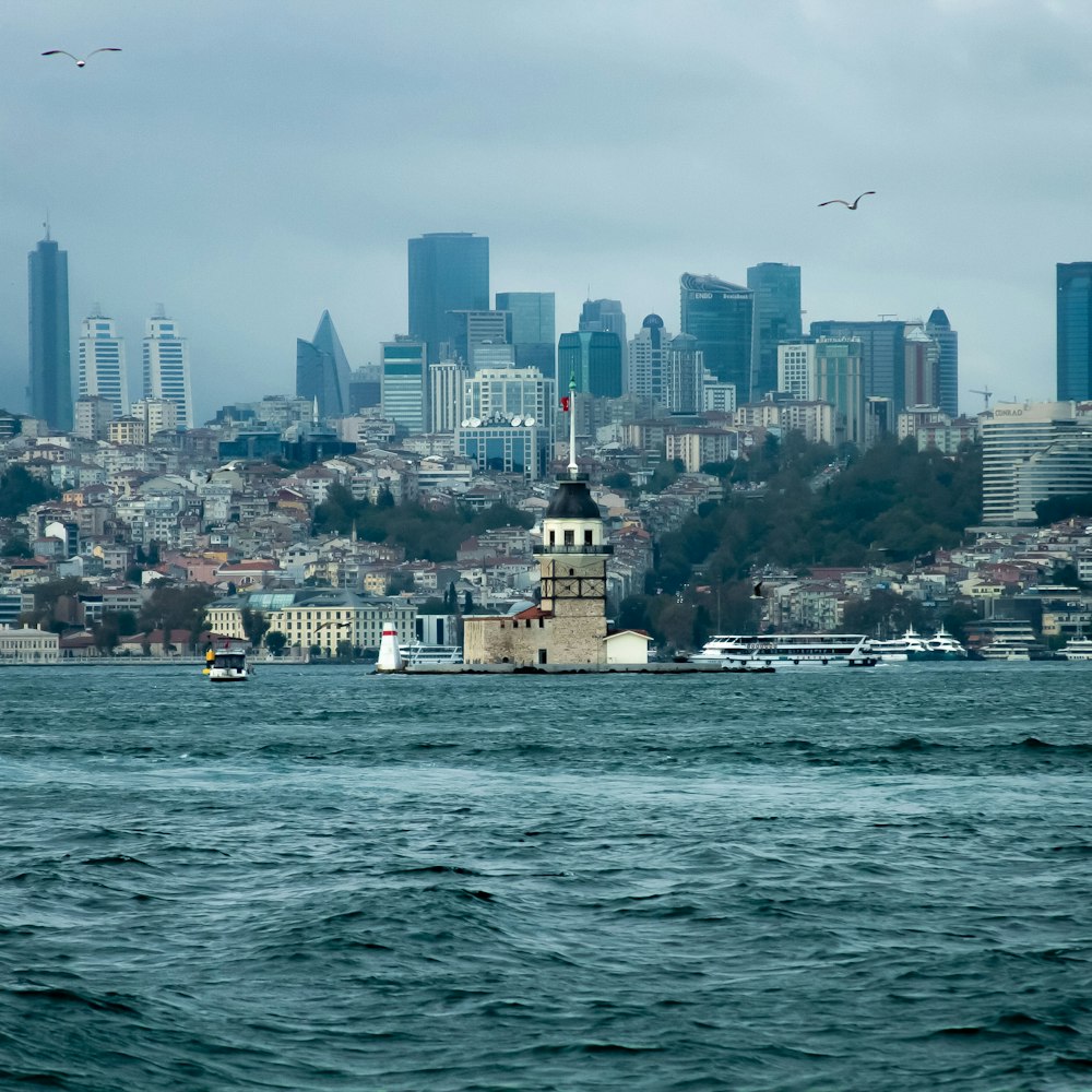 a large body of water with a city in the background