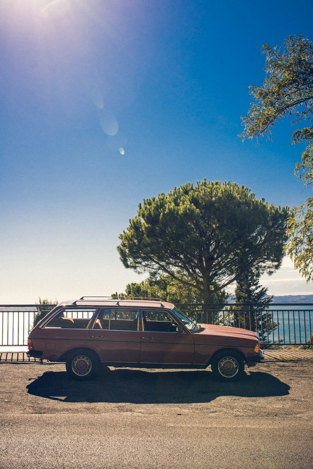 a brown car parked in front of a tree