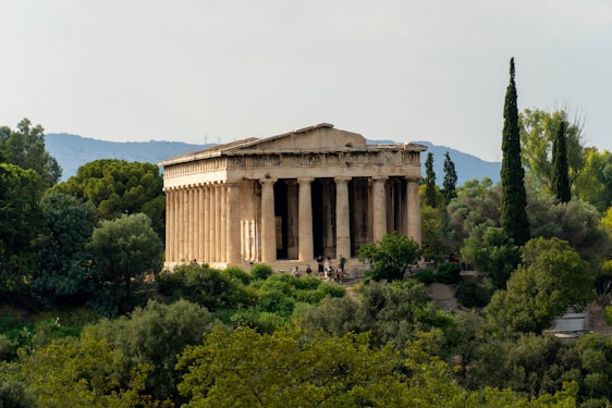 A sunlit ancient Greek temple dedicated to Zeus, surrounded by olive trees.