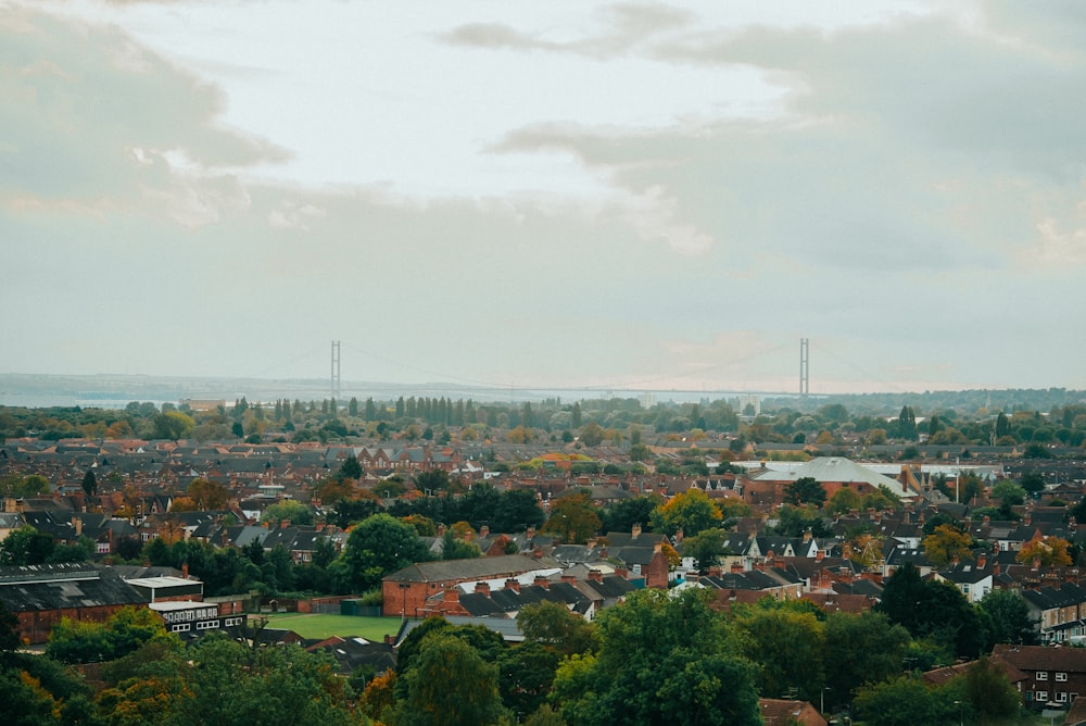 a view of a city with a bridge in the distance