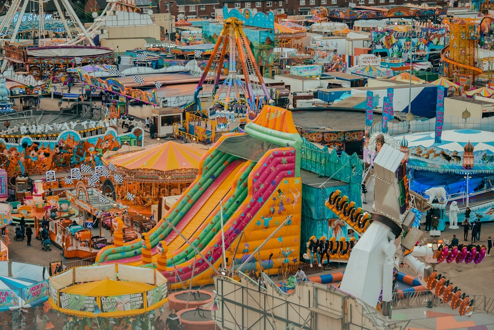 a carnival filled with lots of colorful rides