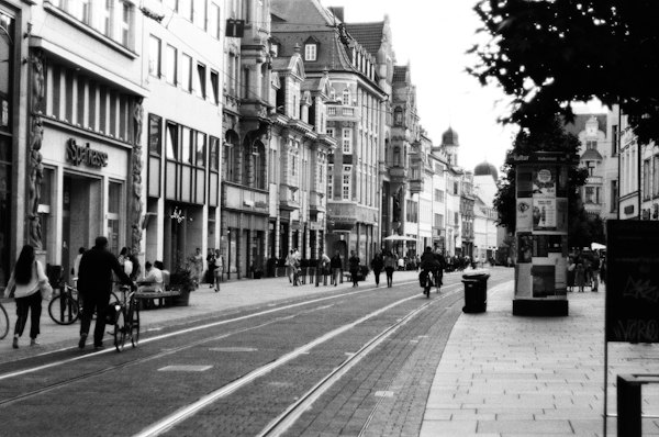 A black and white photo of a city street — Erfurt, Germany