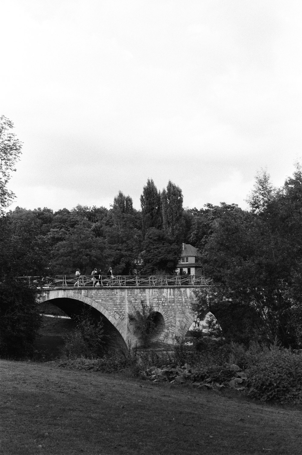 a black and white photo of a bridge over a river