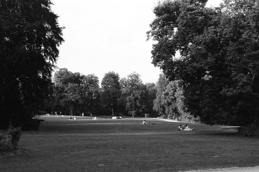 a black and white photo of people in a park