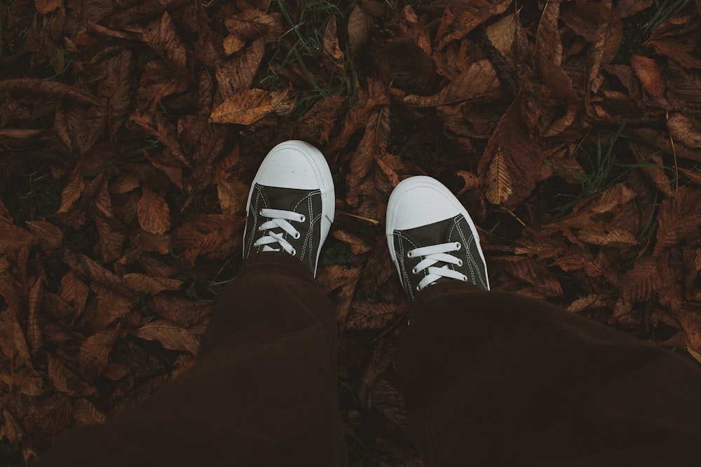 a person standing on top of a pile of leaves