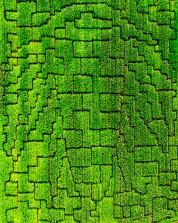 an aerial view of a green field