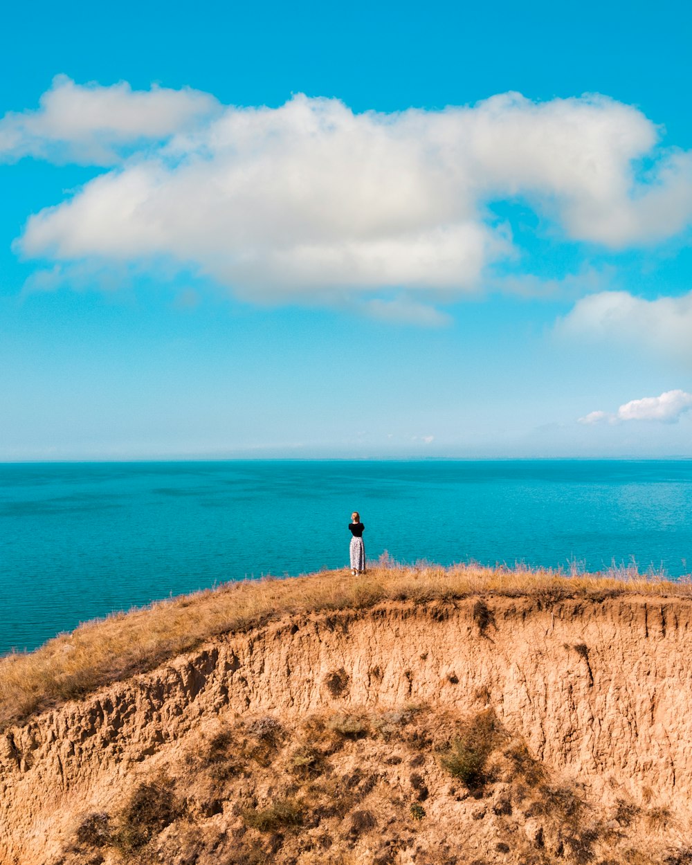 a man standing on top of a hill next to the ocean