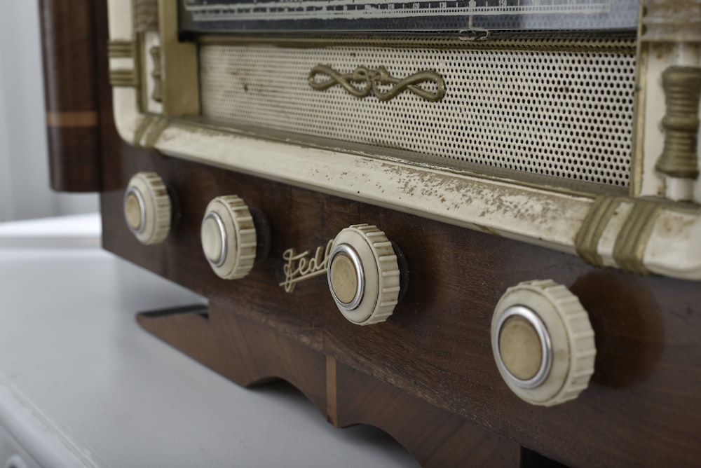 a close up of a radio on a table