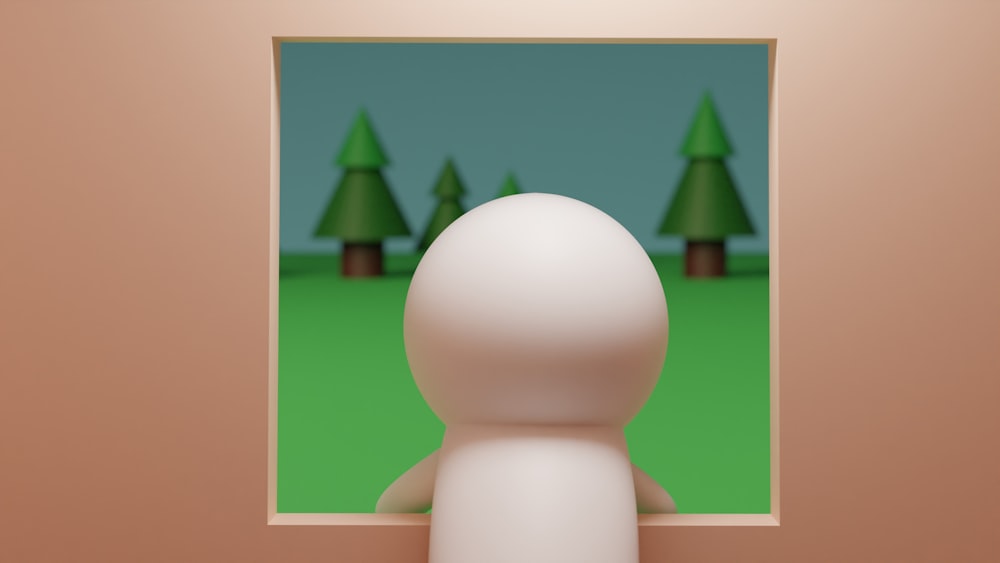 a small white person standing in front of a picture of trees