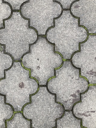 Interlocking concrete tiles create a geometric pattern on a walkway. The tiles have a light gray color, and small patches of green moss grow in the gaps between them. The surface of the tiles appears worn, with slight discolorations and spots visible.