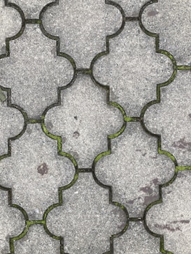 Interlocking concrete tiles create a geometric pattern on a walkway. The tiles have a light gray color, and small patches of green moss grow in the gaps between them. The surface of the tiles appears worn, with slight discolorations and spots visible.
