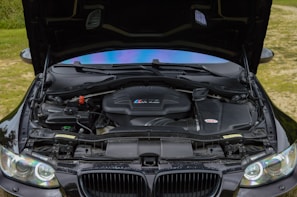 the engine of a car is open on the grass