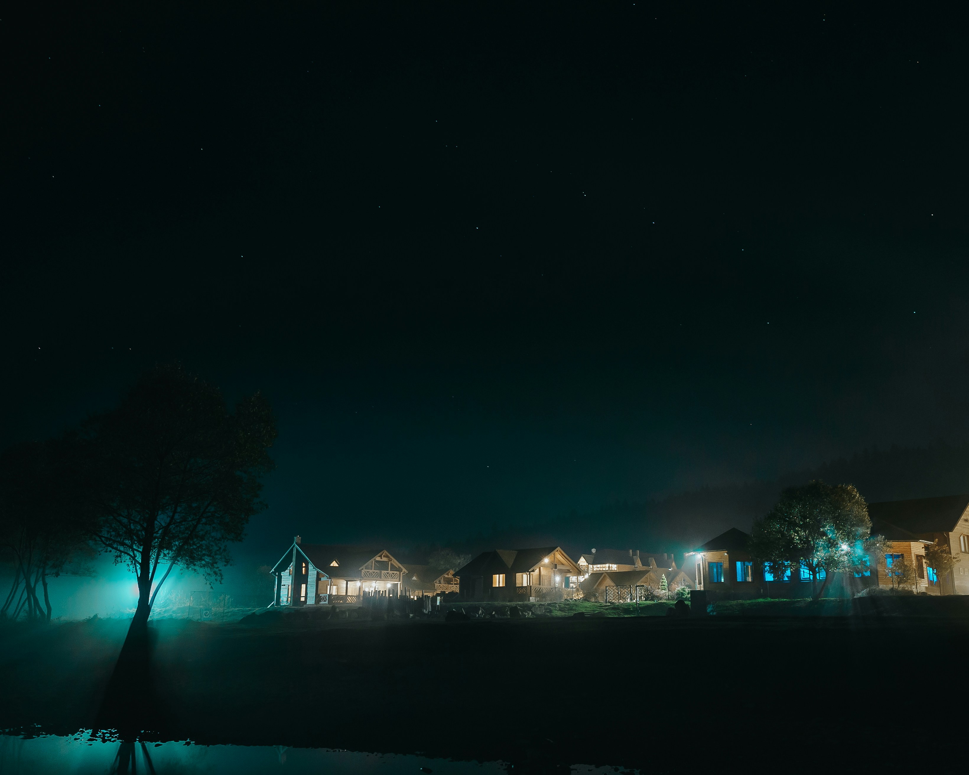 a night scene with a house and a tree