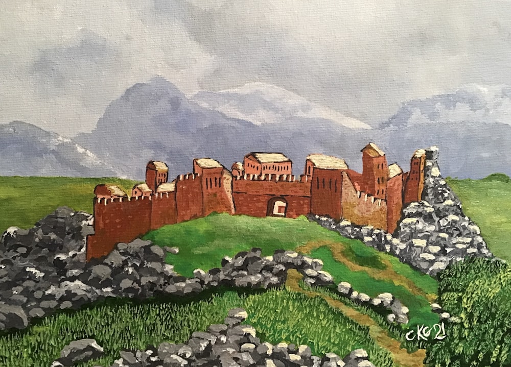 uma pintura de um castelo em uma colina