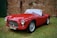 A classic red convertible car with a vintage design is parked on a patch of grass against a brick wall. The vehicle features a sleek body, large round headlights, and an open top, showcasing its timeless elegance. The shiny chrome elements and intricate wire-spoke wheels add to its retro charm.