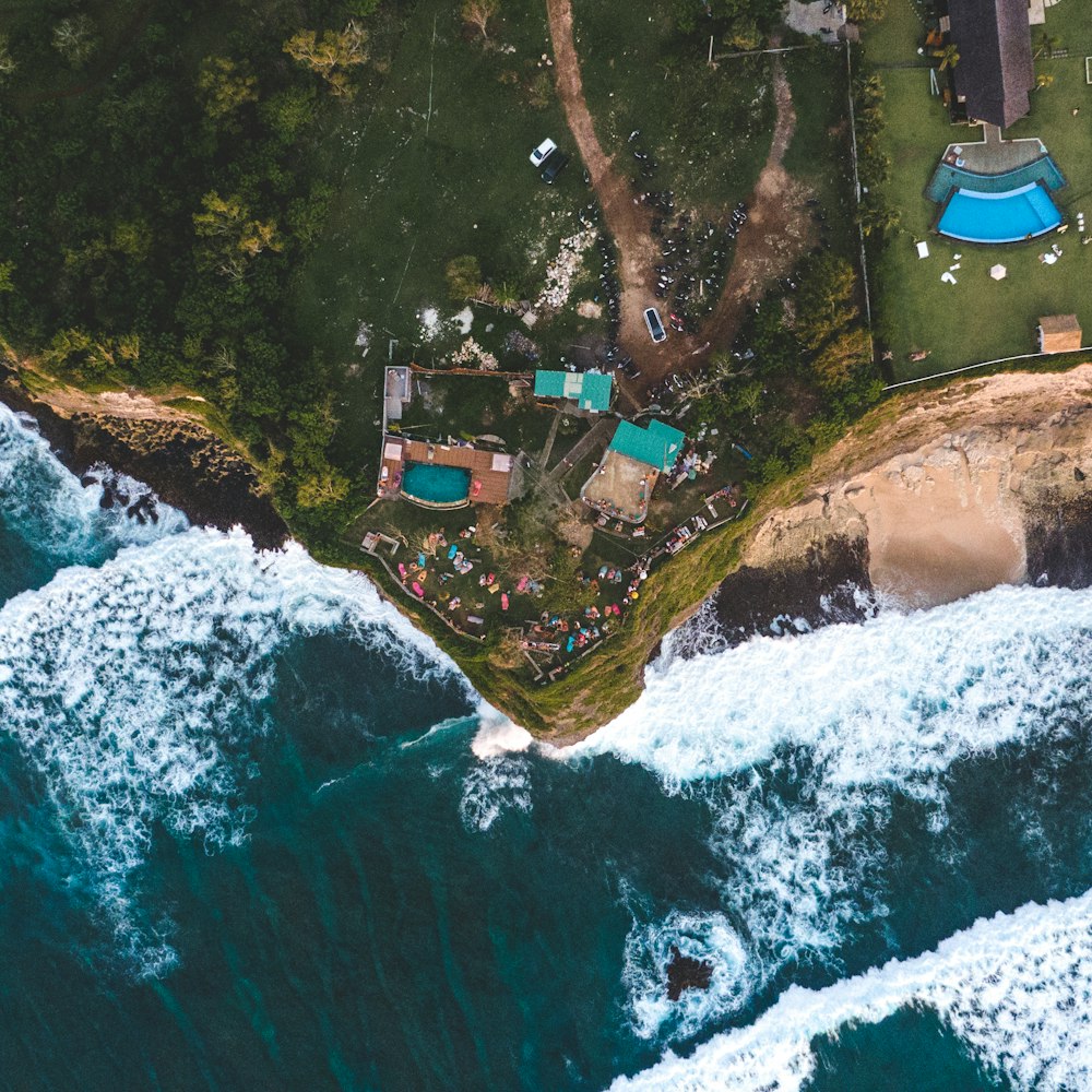 an aerial view of a beach and a resort