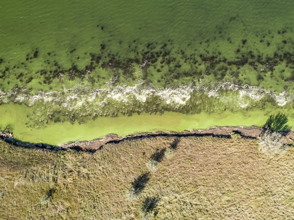 an aerial view of a body of water