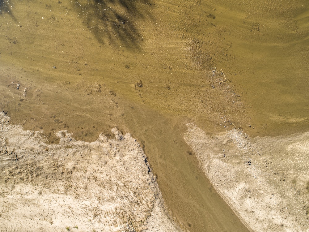 uma vista aérea de um campo de terra com uma árvore