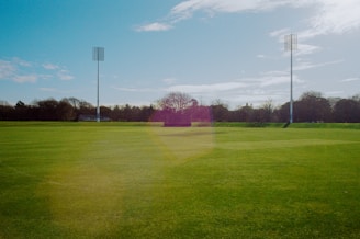 A wide view of a newly constructed outdoor sports field under clear sky.