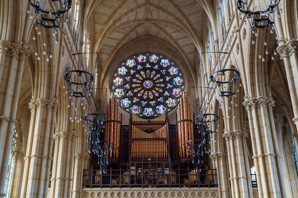 a cathedral with a large stained glass window