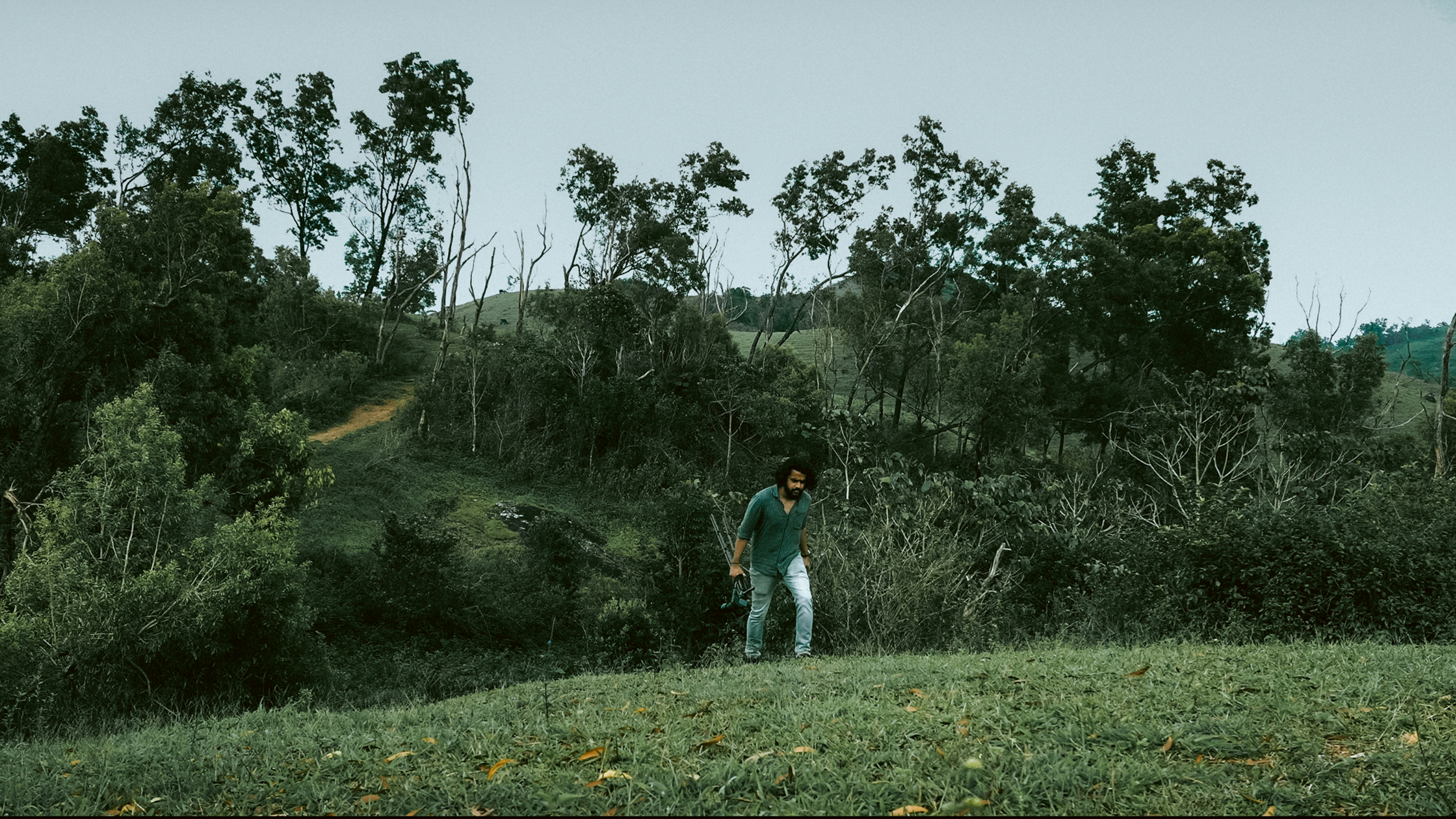 a man standing on top of a lush green hillside