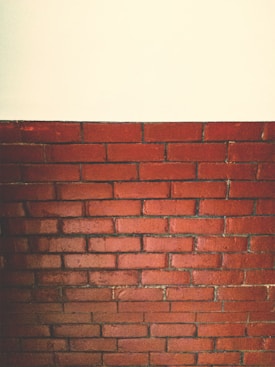 A section of a red brick wall is topped by a plain white surface. The bricks are arranged in horizontal layers with visible mortar lines, giving a textured and rustic appearance.