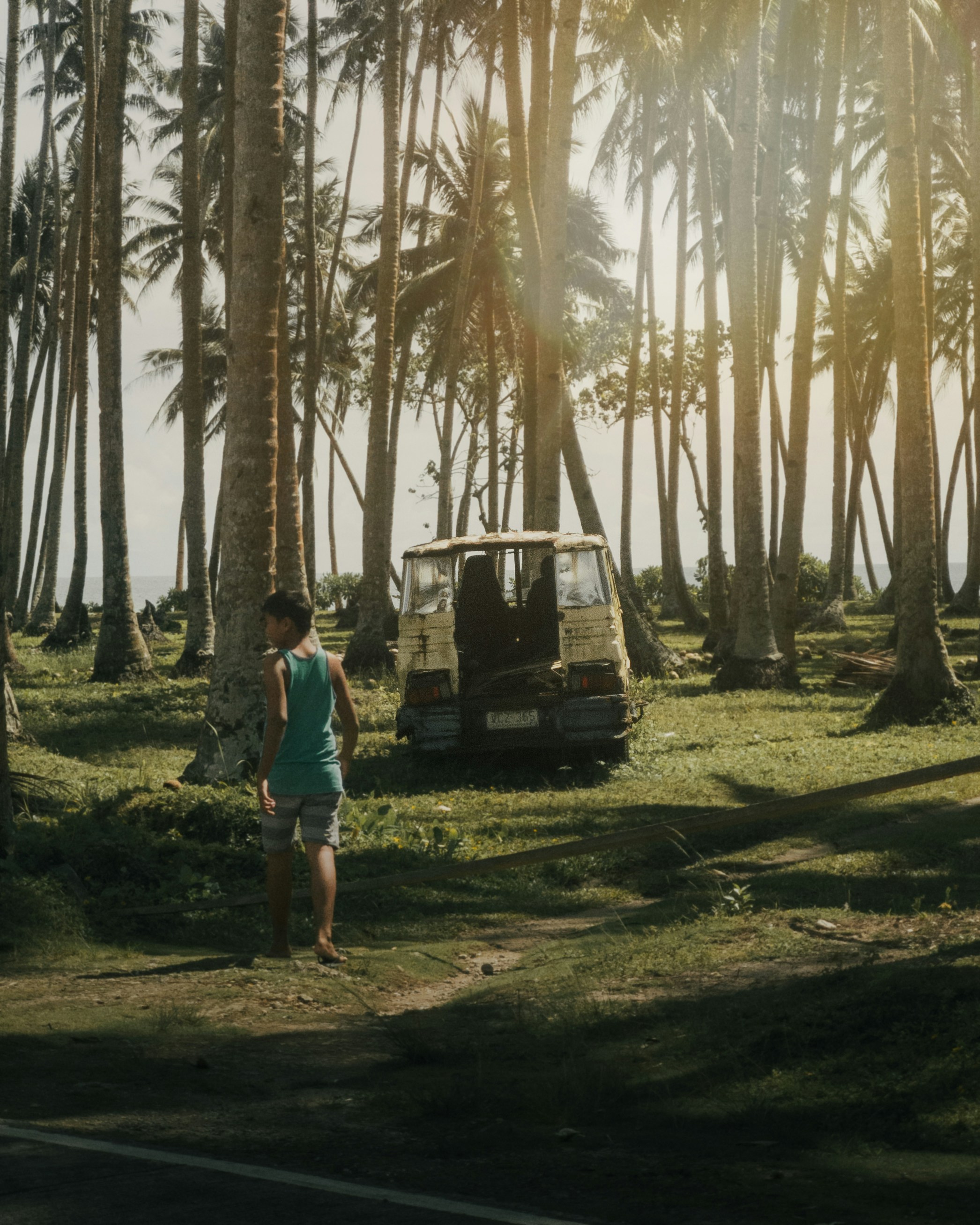 a man standing next to a golf cart on a lush green field