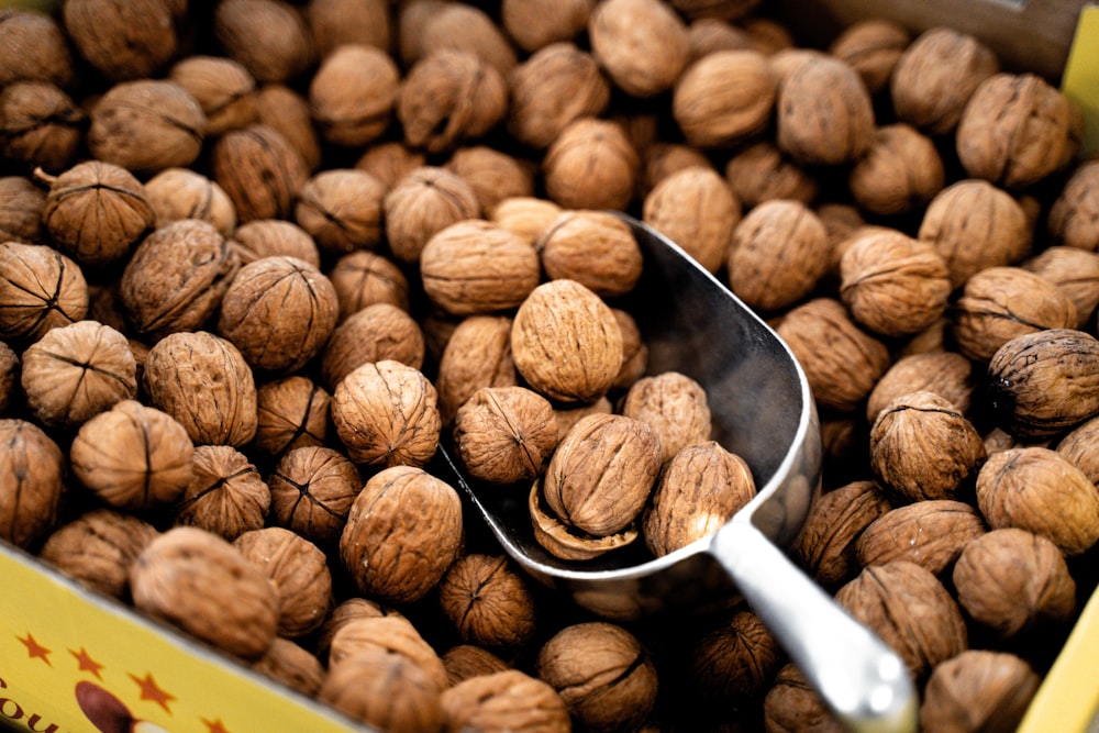 a scoop of walnuts sitting on top of a box