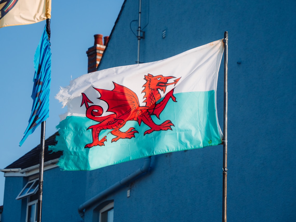 Green white and red Welsh flag with dragon