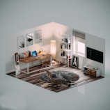 a living room with a chair and a desk