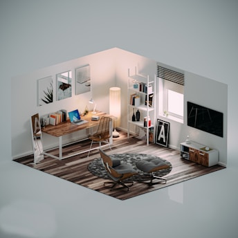 a living room with a chair and a desk