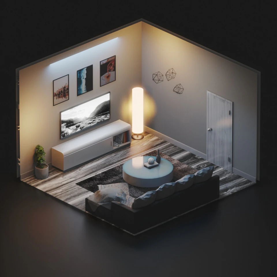 The image presents a cozy living room with a black and white color scheme, creating an atmosphere of elegance and sophistication. The room is illuminated by a floor lamp that casts a warm glow throughout the space. A flat-screen TV is mounted on the wall above a coffee table, which holds a vase filled with flowers as its centerpiece. Two couches are positioned in the room, one facing each other, creating an intimate seating area for conversation or relaxation. The walls are adorned with several framed pictures and paintings, adding character to the space. A door is visible on the right side of the image, suggesting that this living room may lead to another part of the house.
