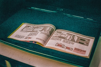 An open manual or book is placed on a flat surface, displaying detailed illustrations and text. The page layout includes graphics and diagrams, typically explaining a process or instructions.