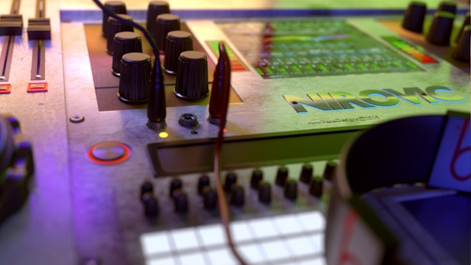 A close-up view of an audio mixing console with multiple knobs, sliders, and cables. The surface features a reflective panel with the brand name 'NIROMC'. The lighting casts a colorful glow, highlighting the controls and giving a futuristic feel.