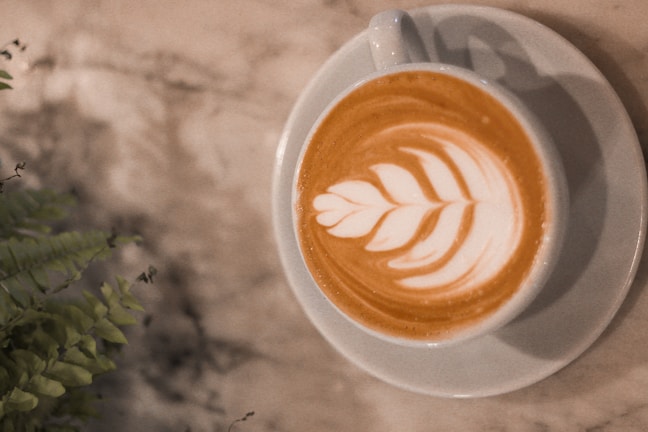 A cup of latte with intricate fern-like latte art on top sits on a white saucer. The background features a soft-focus view of a marble surface and green plant leaves on the left side. The overall ambiance appears calm and inviting.