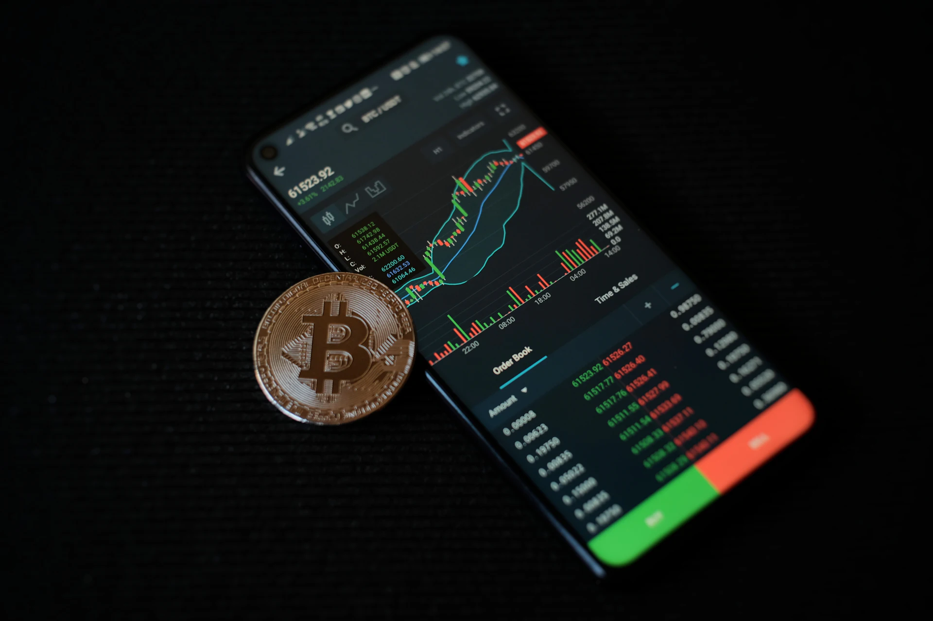 A bitcoin coin resting on a smartphone screen