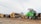 A green front loader is parked next to a stack of large cut logs on a dirt ground in an outdoor lumber yard. Wooden planks are seen neatly arranged nearby, and a small shed is in the background under a partly cloudy sky.