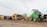 A green front loader is parked next to a stack of large cut logs on a dirt ground in an outdoor lumber yard. Wooden planks are seen neatly arranged nearby, and a small shed is in the background under a partly cloudy sky.