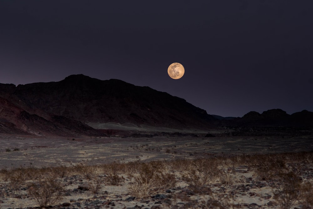 a full moon rises over a desert landscape