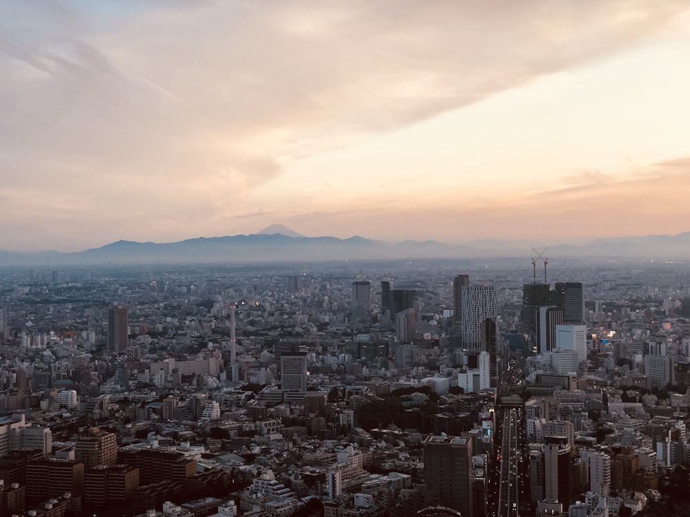 a view of a city with mountains in the distance