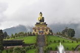 a large buddha statue sitting on top of a lush green hillside