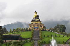 a large buddha statue sitting on top of a lush green hillside