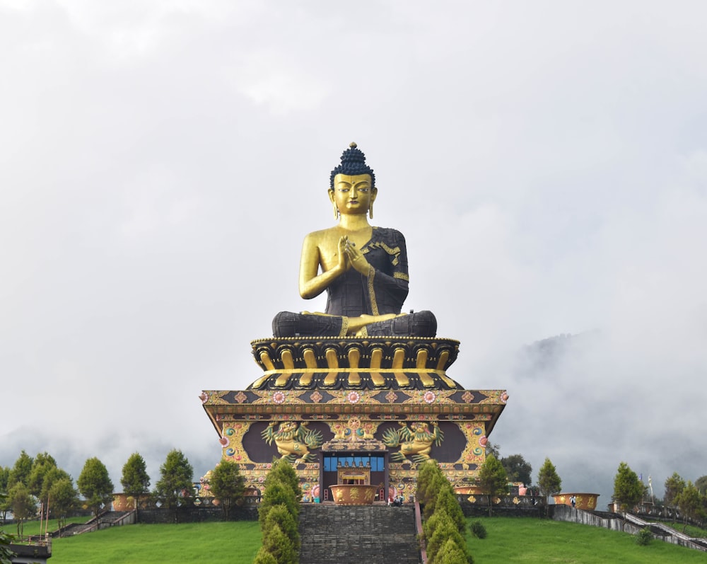 a large buddha statue sitting on top of a lush green hillside