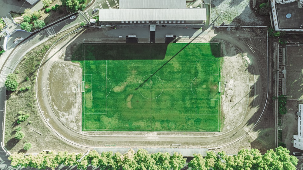 an aerial view of a soccer field