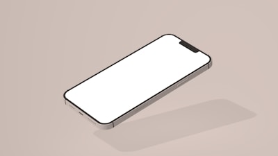 A minimalist presentation of a smartphone with a blank screen, depicted on a plain beige background. The phone is shown in an isometric view, highlighting its sleek design and shadow.