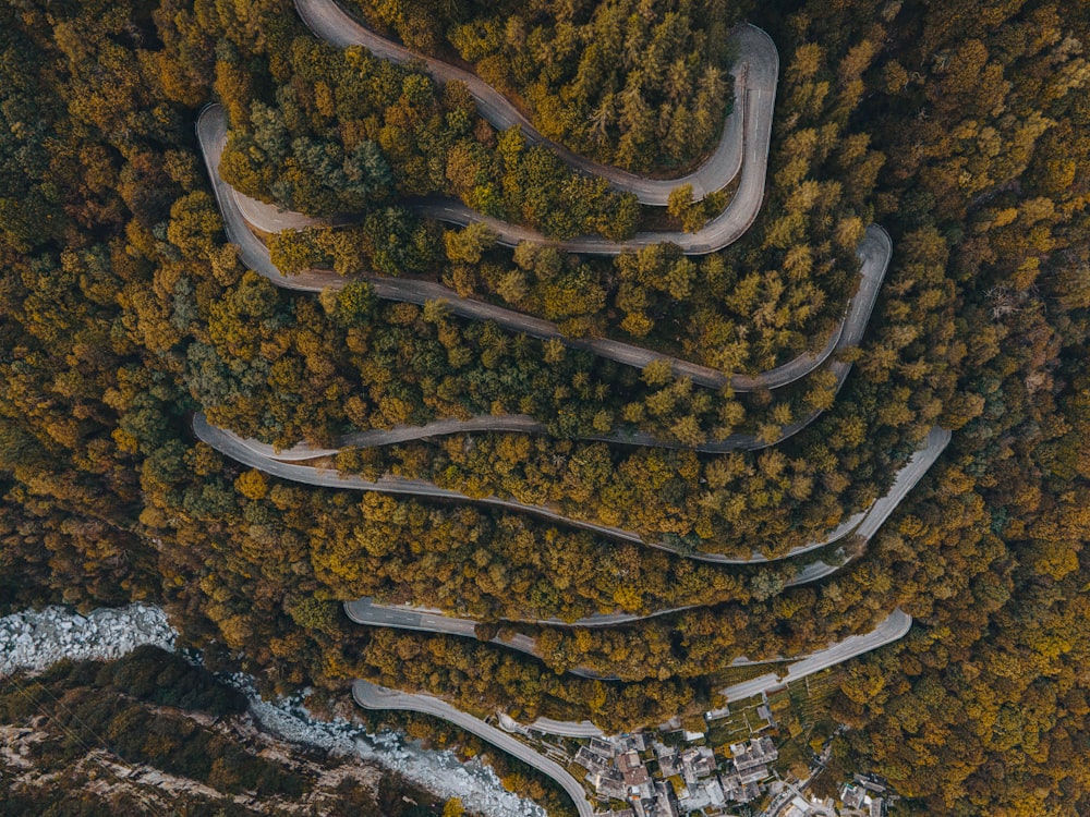 an aerial view of a road winding through a forest