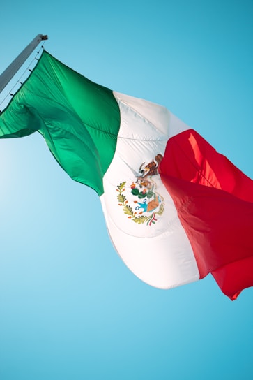 A large flag with green, white, and red vertical stripes waving against a clear blue sky. The emblem in the center of the white stripe features an eagle, perched on a cactus, devouring a snake.