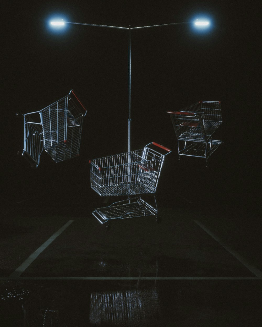 주차장 위에 앉아있는 두 개의 쇼핑 카트